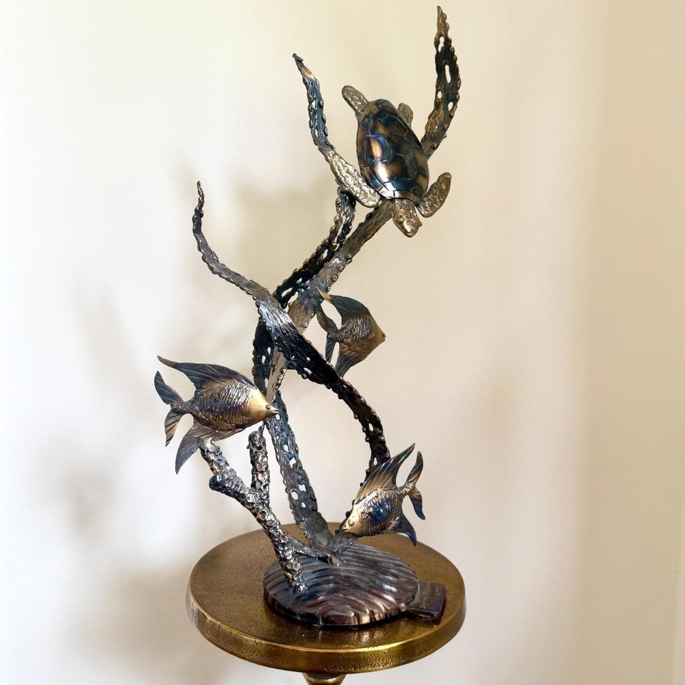 Artisan Metal Sea Turtle Sculpture Coastal Reef Statue Ocean Fish 19" 4.5 lbs